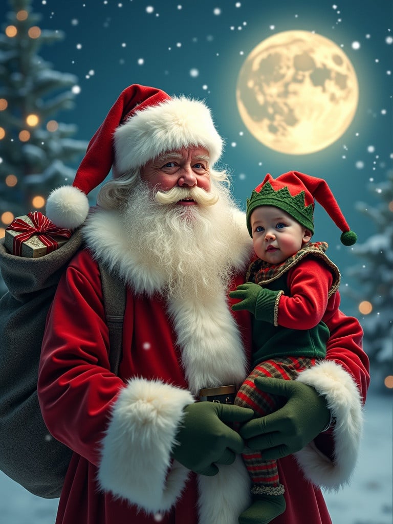 Magical scene features Santa Claus and baby elf looking at the camera. Santa holds a sack of gifts. Snowflakes fall. A full moon glows in the background. Emphasizes traditional attire and festive joy.