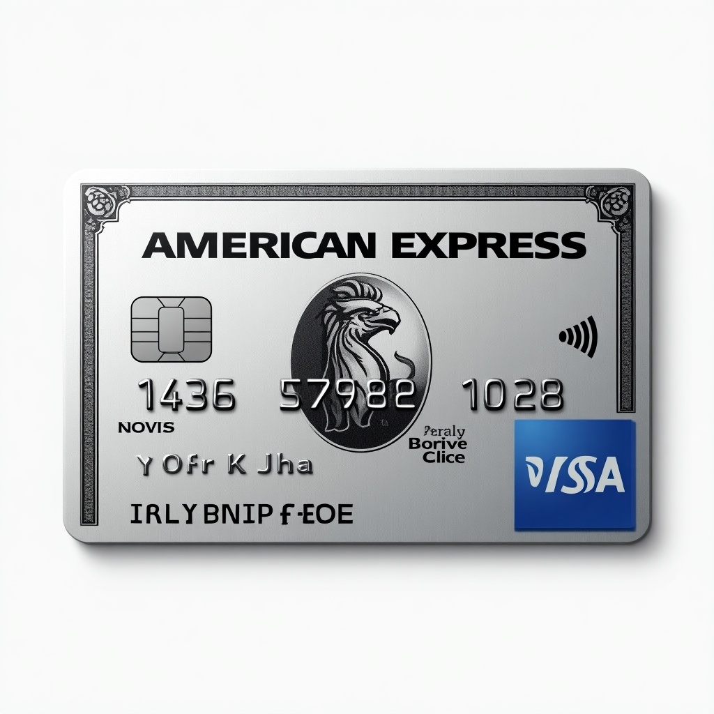 Realistic image of a platinum American Express credit card with Visa logo. Cardholder name is Mr H K Jha. Expiry date March 2028. Silver background with bold black font.