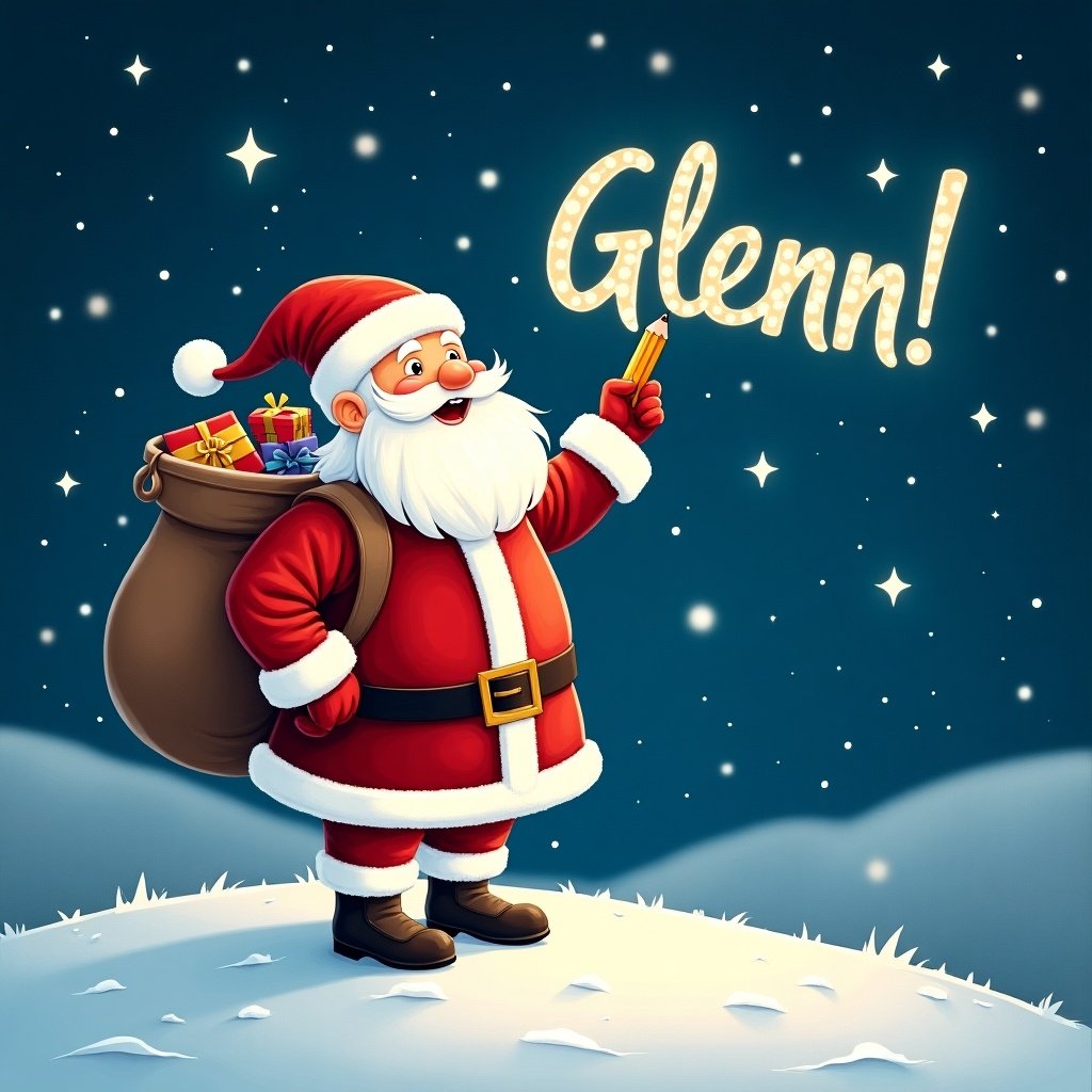 Magical winter scene with Santa Claus on snowy hill. He writes names in the sky using a pencil. Traditional red and white suit. Large sack of gifts on back. Starry night with twinkling stars. The name 'Glenn!' in whimsical font.