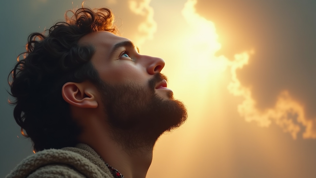 A young man with a beard looks up towards the sky as warm sunlight breaks through the clouds, creating a glowing, hopeful atmosphere.