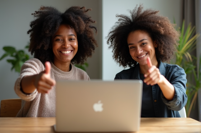 Two people sit at a table with an open laptop, smiling and giving thumbs up, conveying a sense of achievement and positivity.