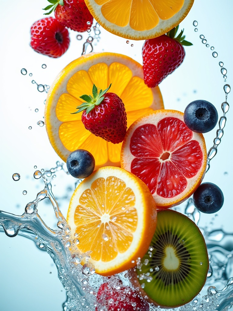 Capture vibrant fruits including strawberries oranges grapefruit kiwi. The fruits splash into clear water. Use high-speed photography for motion freeze. Bright contrasting background to emphasize colors. Fresh and colorful fruits for a dynamic effect.