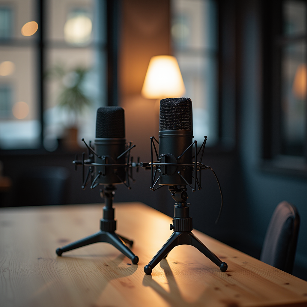 Two professional microphones on a wooden table in a dimly-lit, cozy room with soft lighting from a nearby lamp.