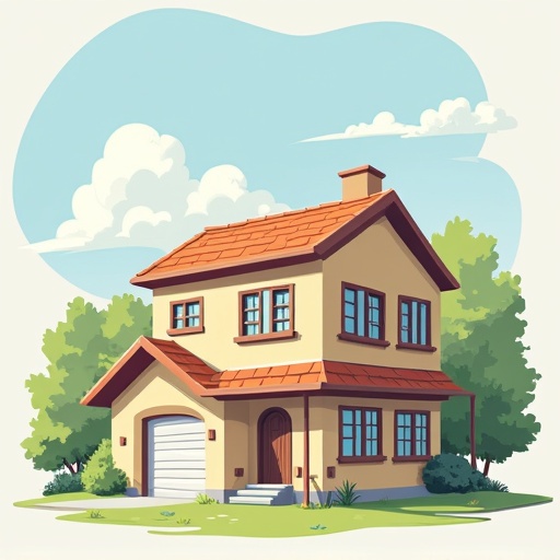 A flat 2D illustration of a charming house. The house has a red roof and multiple windows. Surrounding greenery adds warmth. The sky is clear with a few clouds. The focus is on the house's architectural features.