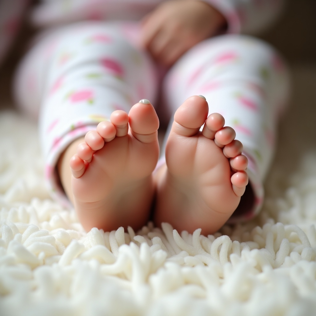 This image shows a close-up of a young girl's feet, focusing on a bunion on one foot. She is sitting on a plush, light-colored carpet, wearing floral-patterned pajamas. The lighting is soft and natural, enhancing the details of her feet. The close-up perspective highlights the delicate features and light nail polish on her toes. The composition evokes a sense of innocence, emphasizing the importance of children's foot health.