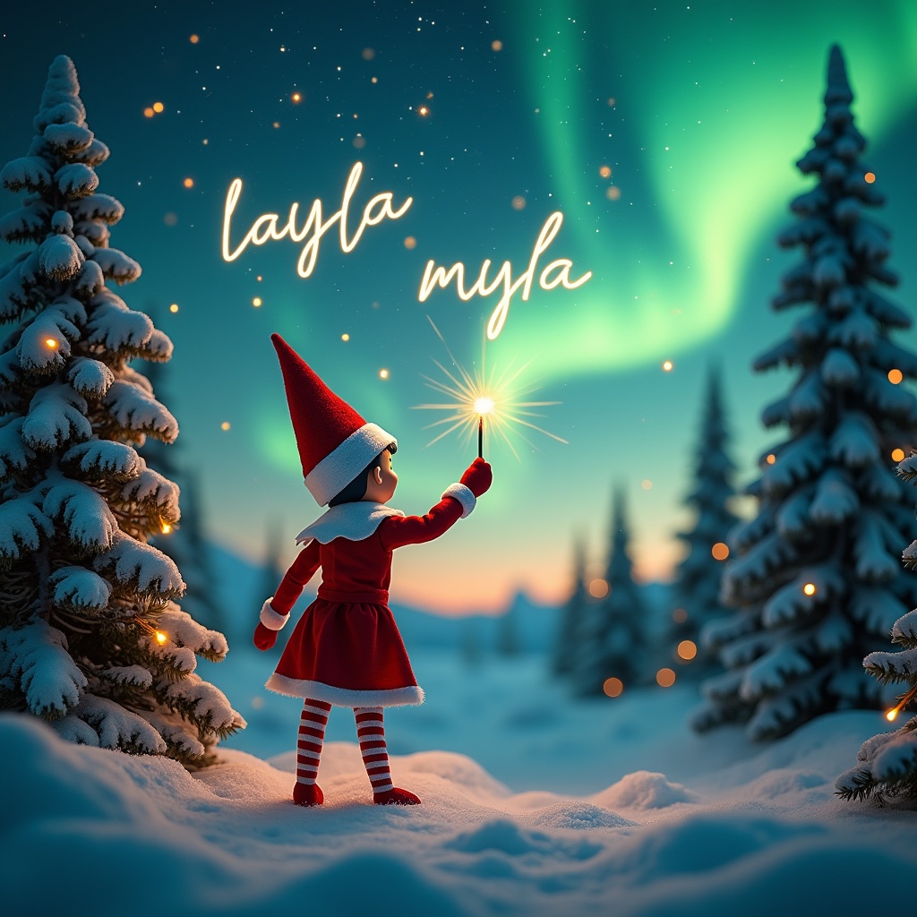 An enchanting Christmas scene depicting a playful elf on the shelf. The elf is dressed in traditional red and white attire. It stands with its back to the viewer, staring up at the majestic northern lights. In one hand, the elf holds a magic wand that illuminates the words 'layla' and 'myla' in bright script above. The snow-covered trees surrounding the elf are adorned with twinkling lights, enhancing the festive atmosphere. The scene captures a delightful, magical moment perfect for the holiday season.