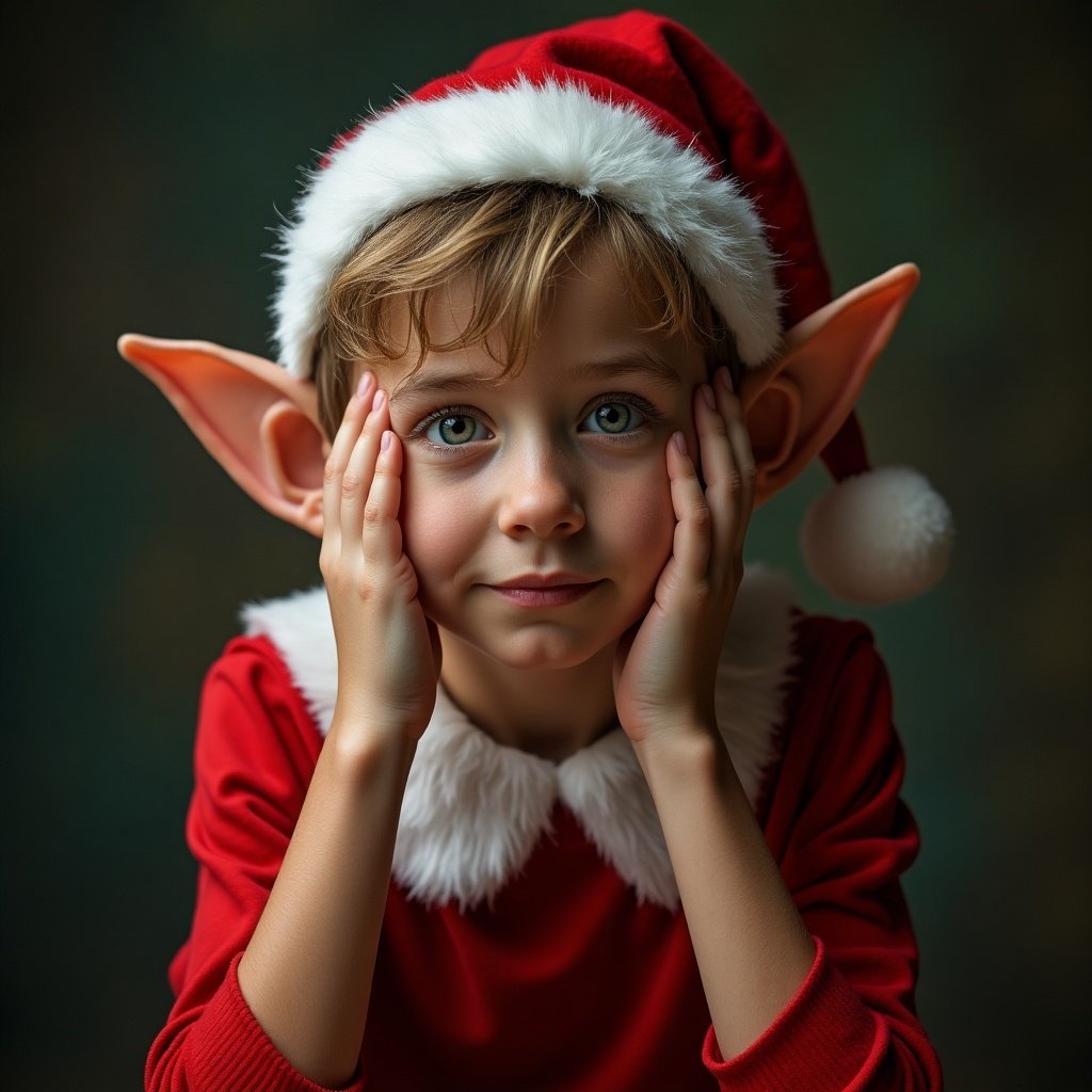 An elf wearing a red shirt and Santa hat covers face with hands. The elf exhibits a stressed expression. The background is softly blurred to accentuate the character. Overall image conveys a humorous take on holiday stress.