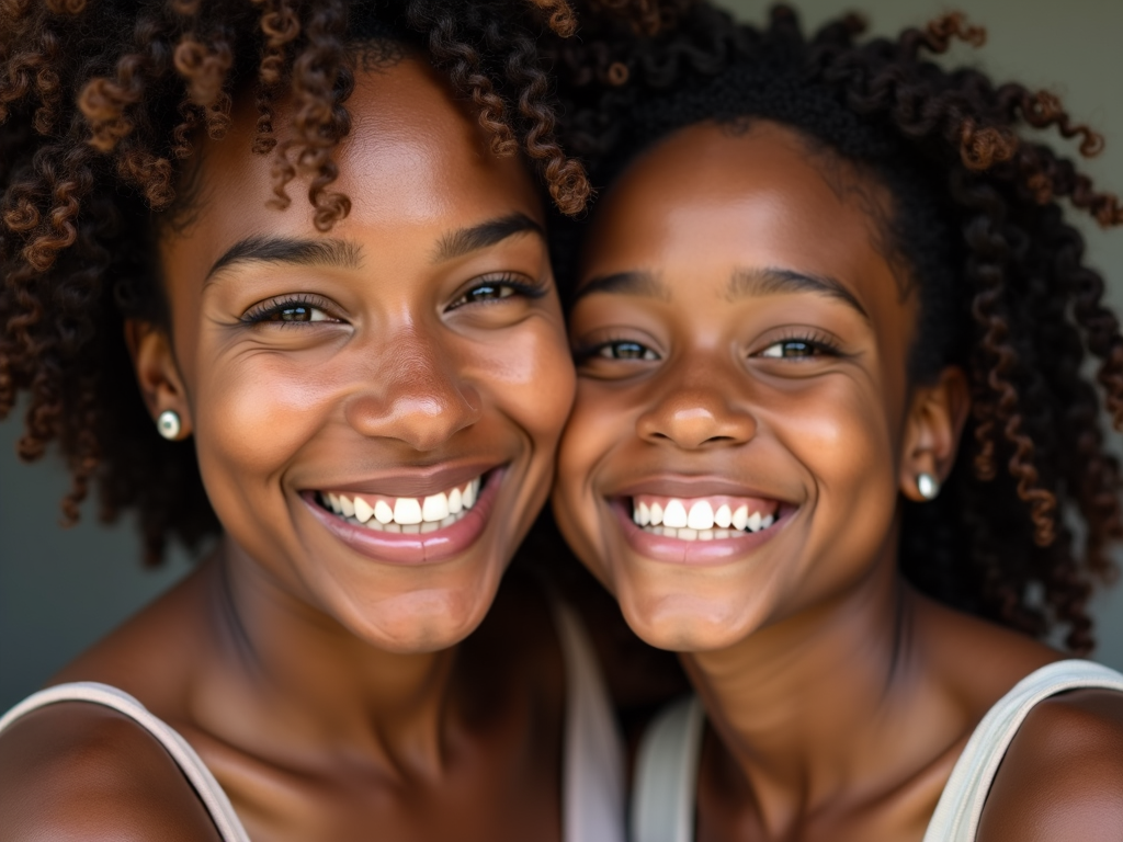 A mother and daughter share a heartfelt, joyful expression, smiling broadly with their heads close together.