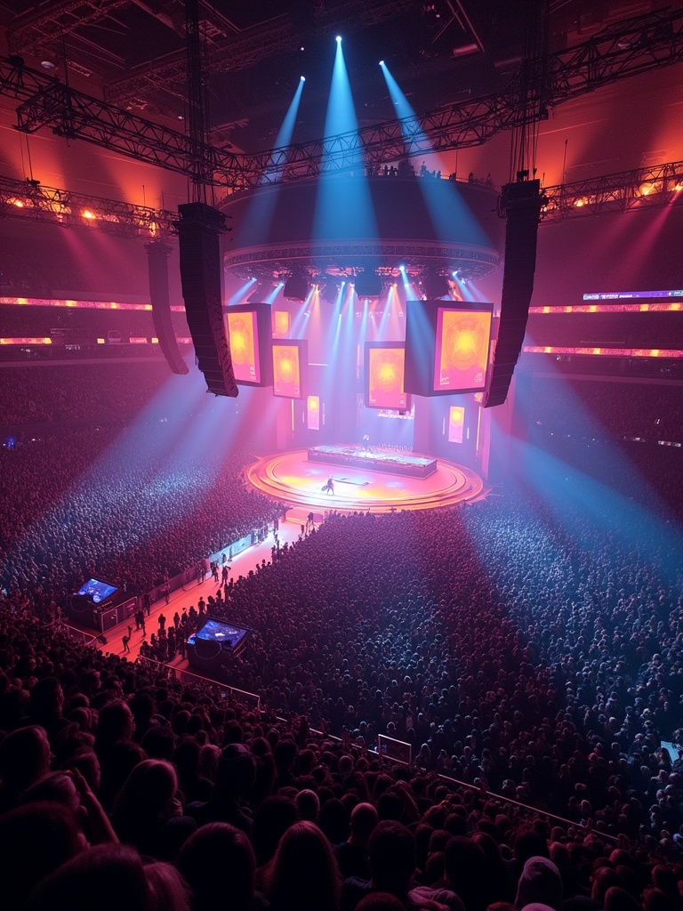 Travis Scott's concert takes place at Madison Square Garden. The image shows a large 360 concert stage. Aerial view reveals thousands of fans in attendance. Stunning lighting illuminates the stage. It captures the excitement of the live event.