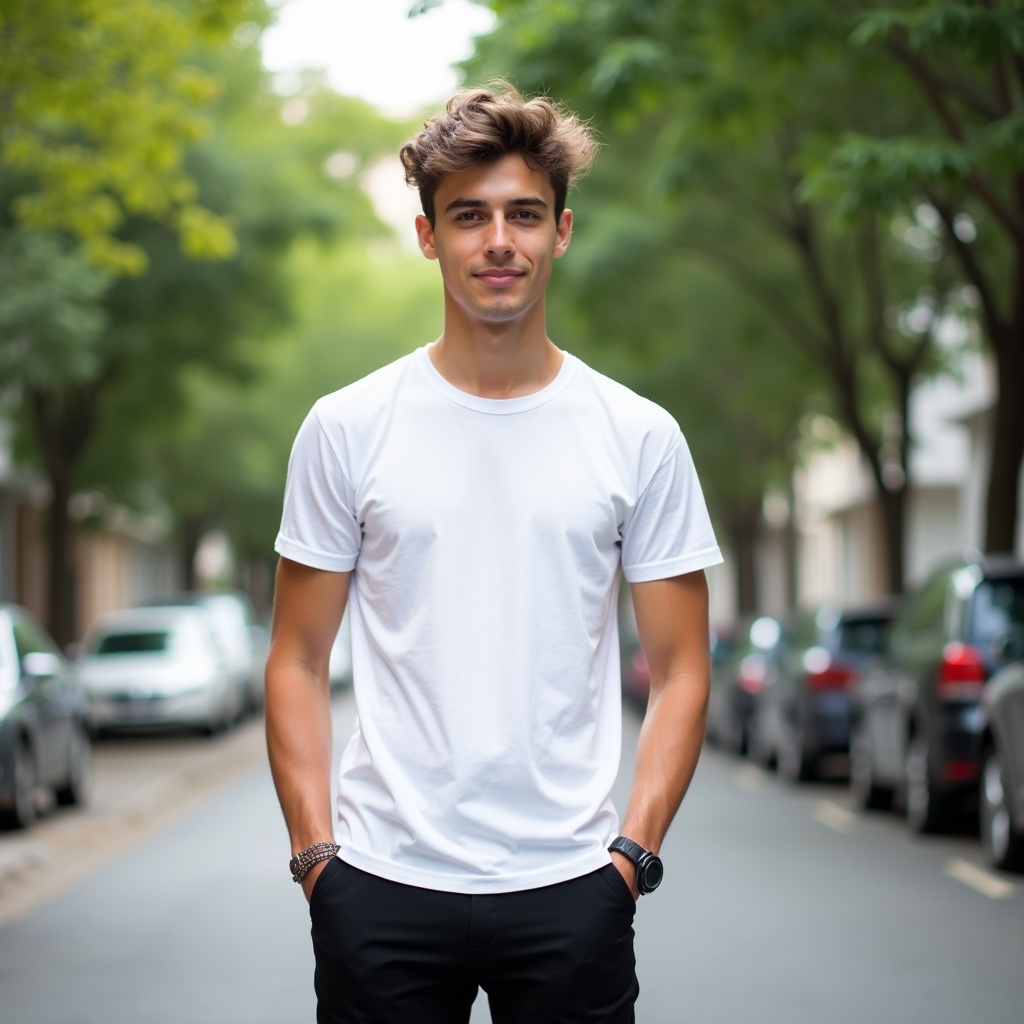 A young man stands confidently on a quiet urban street. He is wearing a simple white t-shirt paired with black pants. The scene is set in a residential area, surrounded by lush greenery and parked cars. Soft daylight gently illuminates the scene, highlighting his relaxed demeanor. The background features a slight blur, focusing attention on him. This moment captures a modern lifestyle in the city, radiating serenity and style.