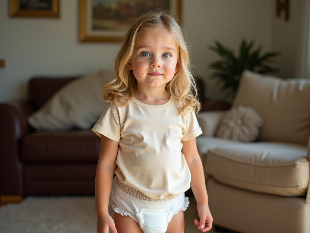 a cute toddler with blonde hair standing in a living room, wearing a cream-colored T-shirt and diaper, with a cozy and inviting home background