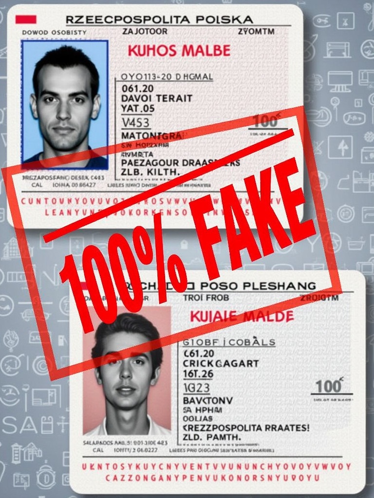 Image displays two identity cards from Poland. A red stamp covers them with '100% FAKE' in bold letters. The cards show names and identification details. The date on one card is 16.11.2020. The other card displays a birth date of 02.10.2025. Background features a digital pattern highlighting their fake status.