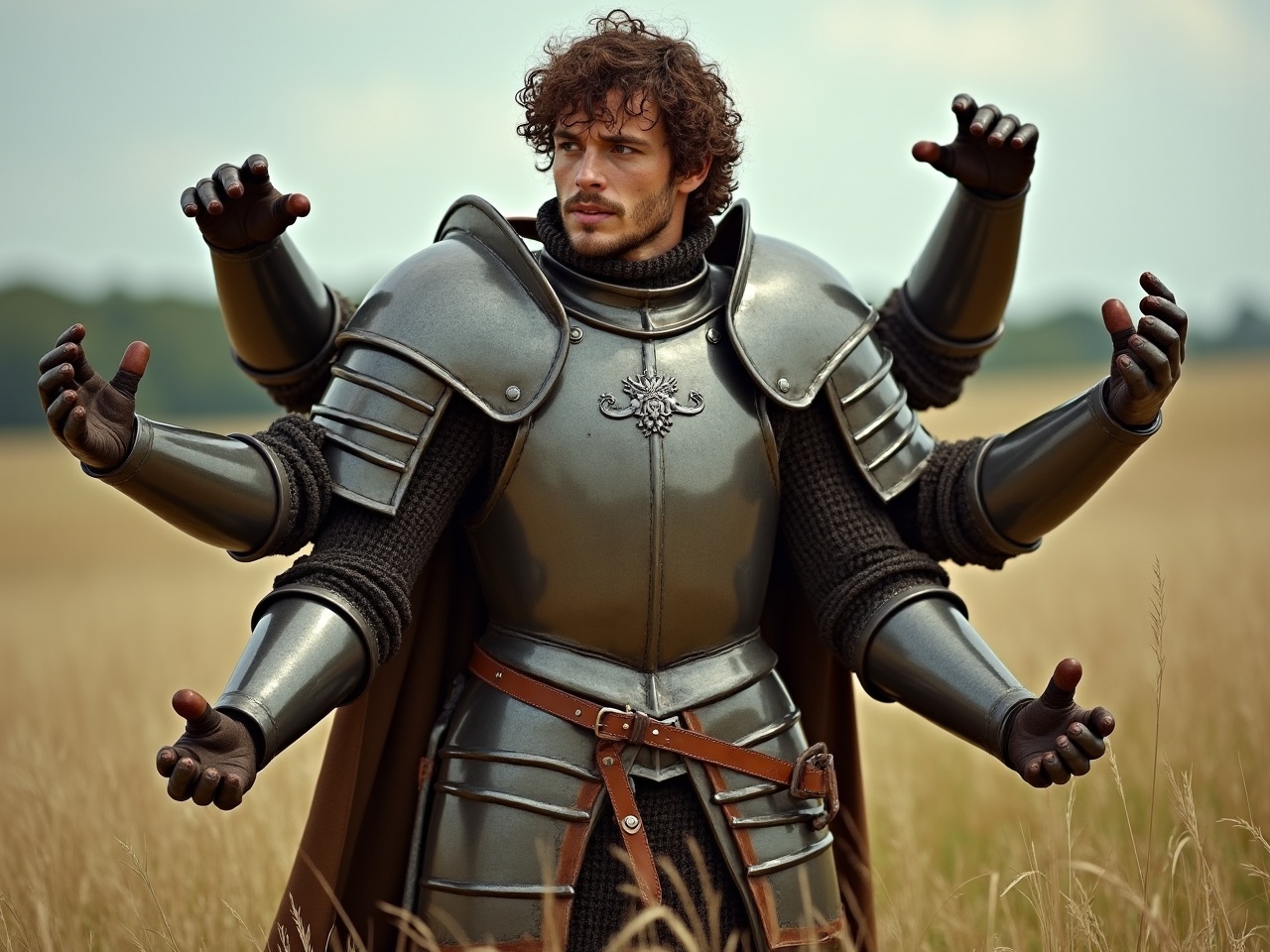 The image features a regal figure in medieval armor standing in a serene field of tall grass. Strikingly, this warrior is equipped with multiple arms, each clad in metallic armor and poised in various gestures, conveying a sense of mysticism and power. The background is a soft blend of greens and browns, complementing the intricate details of the armor.