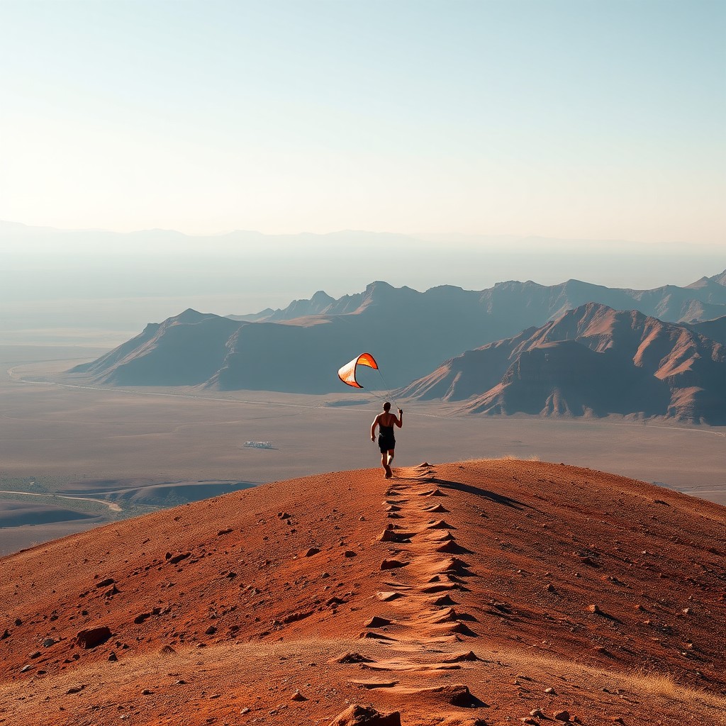 A person running with a colorful kite on a desert dune with mountains in the distance.