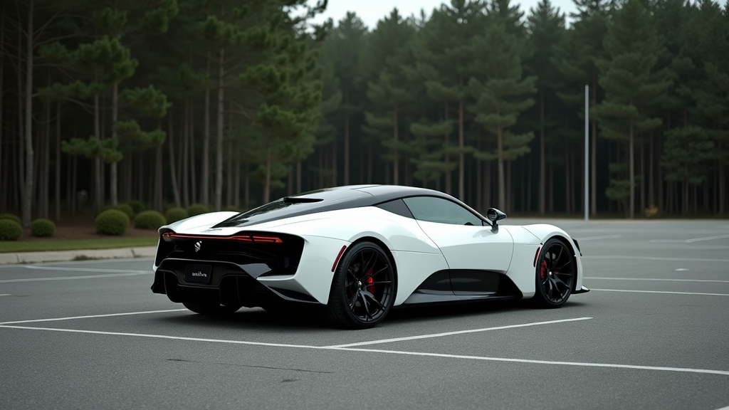 A sleek, modern sports car with a white and black color scheme is parked on a deserted lot, surrounded by a dense forest of pine trees.