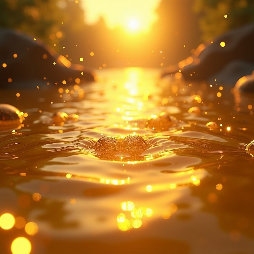 A serene visual with flowing golden water. The water resembles liquid gold and has sparkling light particles in the air. A soft sunrise appears in the background. The scene evokes wealth, abundance, and tranquility. Glowing orbs symbolize blessings, surrounded by a peaceful ambiance for a motivational video.