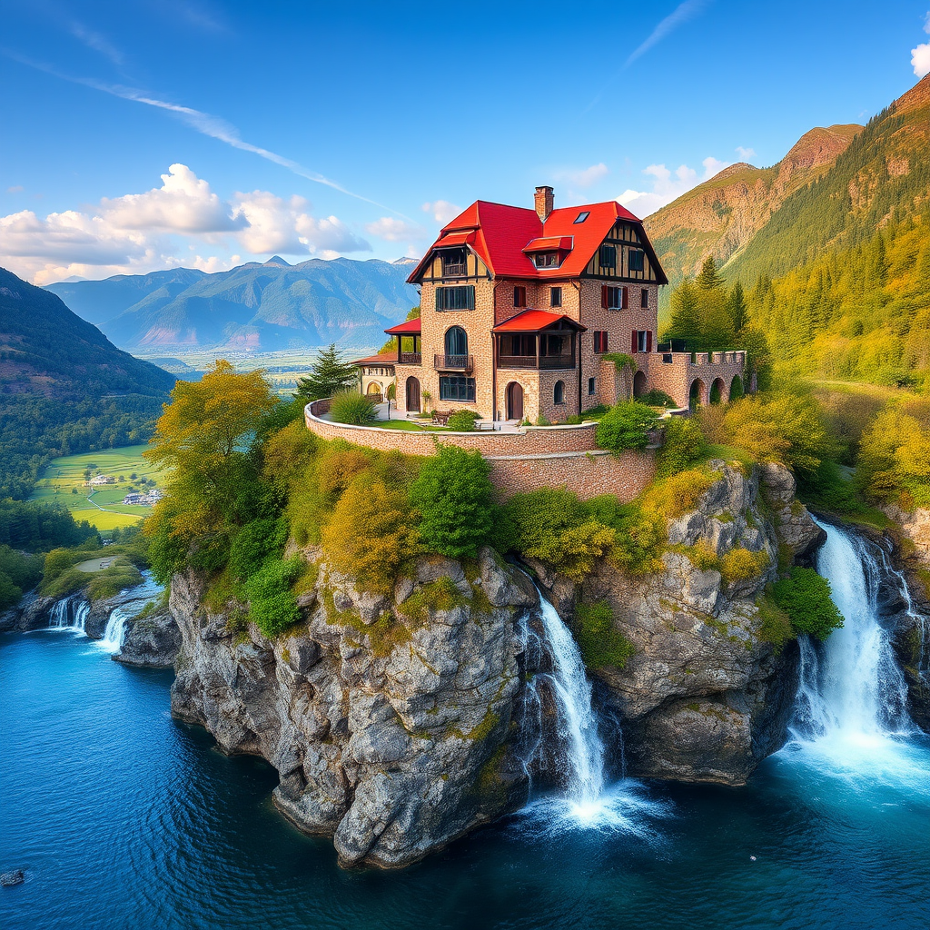 The image showcases a picturesque and majestic house built atop a rugged cliff, surrounded by stunning natural beauty. The building features a red roof and brickwork, adding a classic charm to its robust structure. Its location offers breathtaking views over the valley below, with lush, green forests cascading down the mountainsides.

Waterfalls tumble off the cliffs on either side, merging into a serene blue river, creating a sense of harmony between human architecture and nature's splendor. The expansive landscape reveals distant mountains under a bright blue sky dotted with fluffy white clouds, enhancing the tranquil and idyllic setting. This scene evokes a sense of fantasy and wonder, almost like a setting from a fairy tale. The architecture and surroundings together suggest elegance, seclusion, and natural beauty.