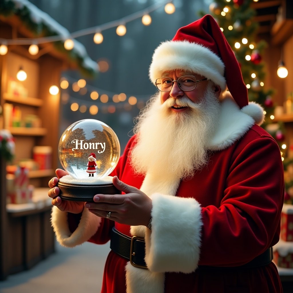 Christmas scene features Santa Claus in red and white suit holding a snow globe. Snow globe contains the name Henry. Background shows a toy shop with festive decorations and glowing lights.