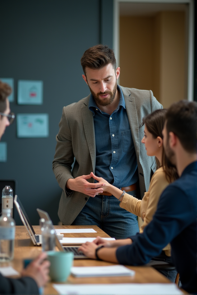 A group of young professionals engaged in a discussion around a wooden table in a modern office setting.