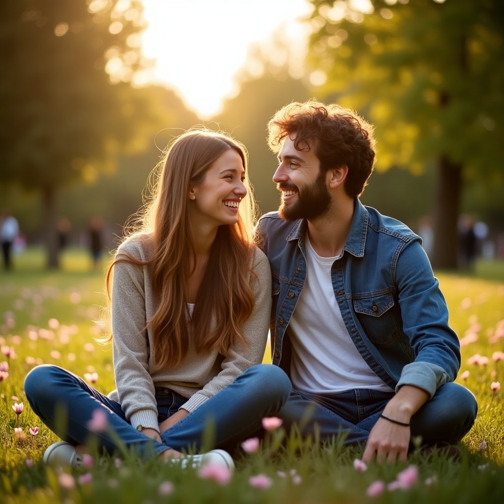 A joyful couple, Aoibheann and Oliver, are sitting on a grassy field filled with soft pink flowers during golden hour. They are smiling at each other, showcasing their connection and happiness. The sunlight creates a warm, inviting atmosphere, enhancing the moment. Their casual attire suggests comfort and relaxation, making the scene feel intimate yet vibrant. It’s a perfect day in the park, full of life and love.