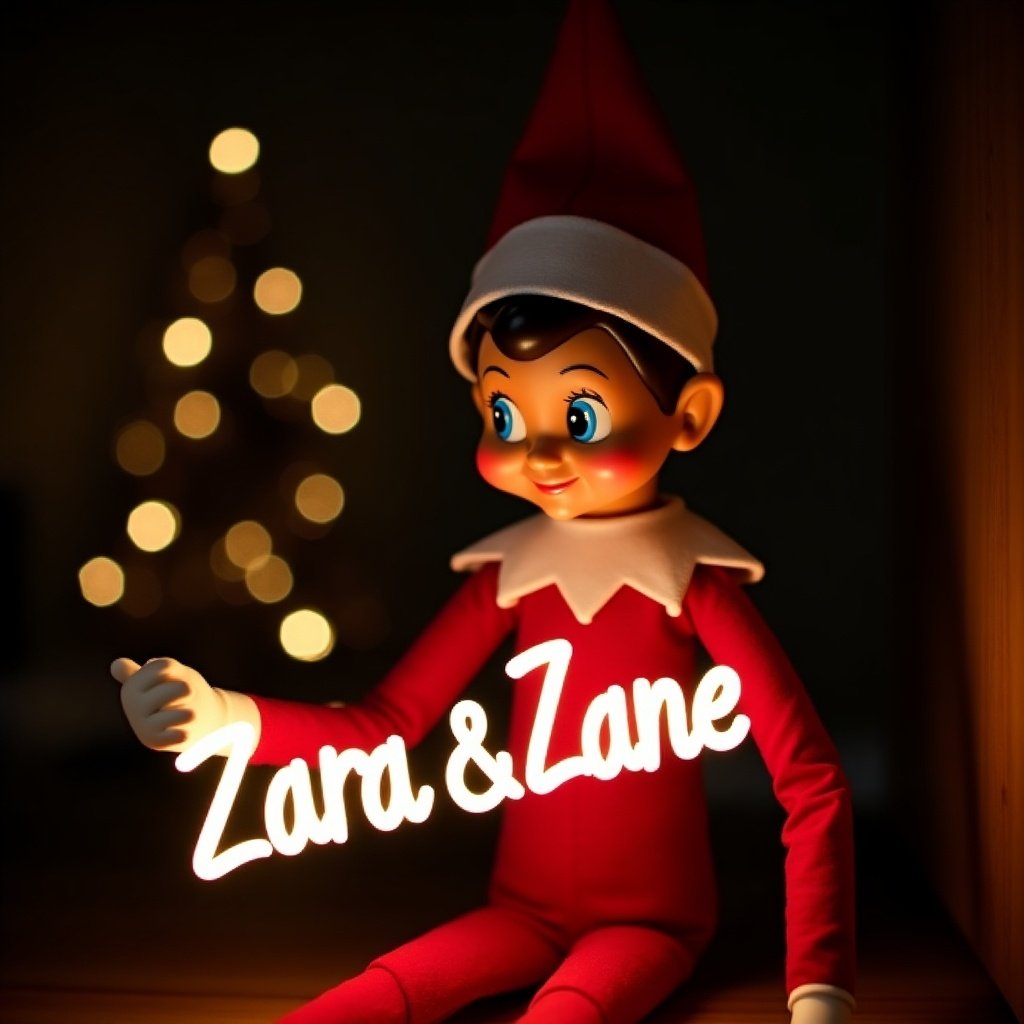 Elf on the shelf character dressed in red and white. Holding a glow stick with the name 'Zara & Zane' in bright light. Dark background enhances glow. Evokes festive holiday atmosphere.