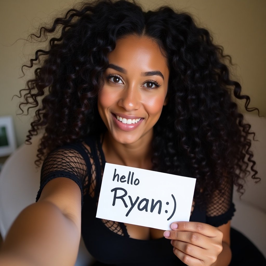 A young woman takes a selfie with a straight face. She has long curly hair and wears a black lace top. In one hand, she holds a sign that says 'hello Ryan:)' in slim handwritten letters. The background shows a cozy couch, giving a casual feel.