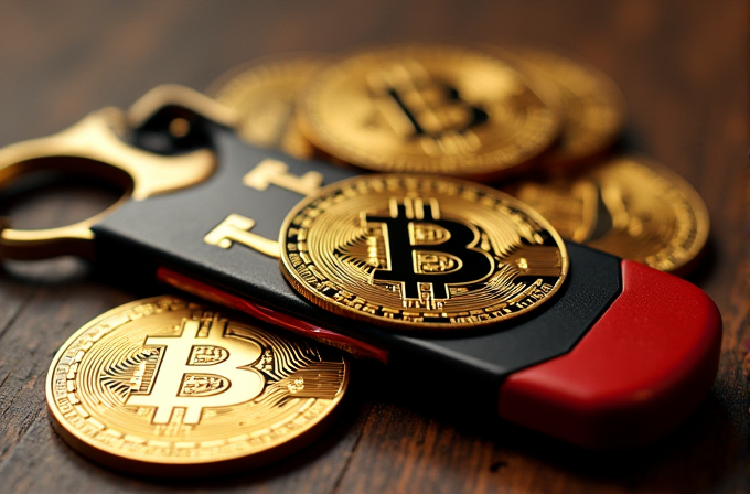 A USB hardware wallet lies on a wooden surface surrounded by golden bitcoins, symbolizing secure cryptocurrency storage.