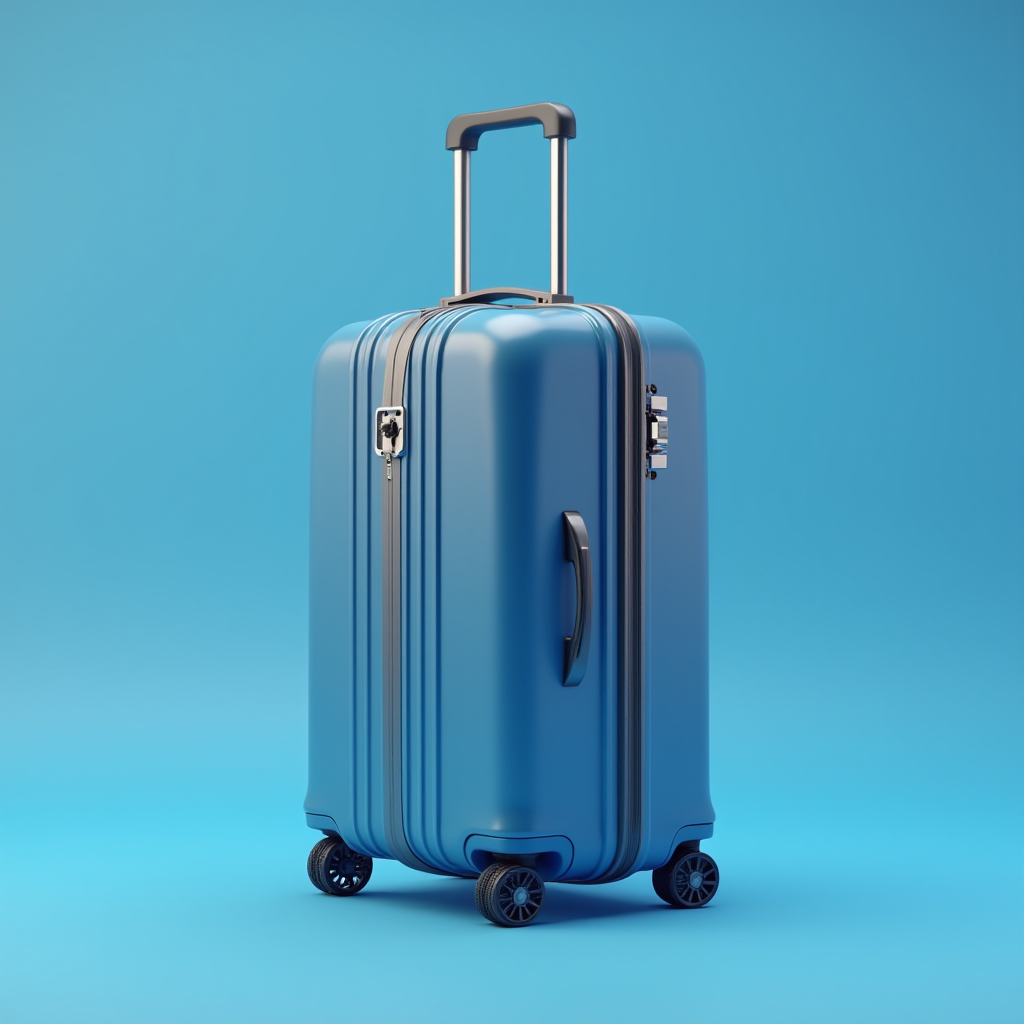 A sleek blue suitcase stands ready for travel against a matching blue background.