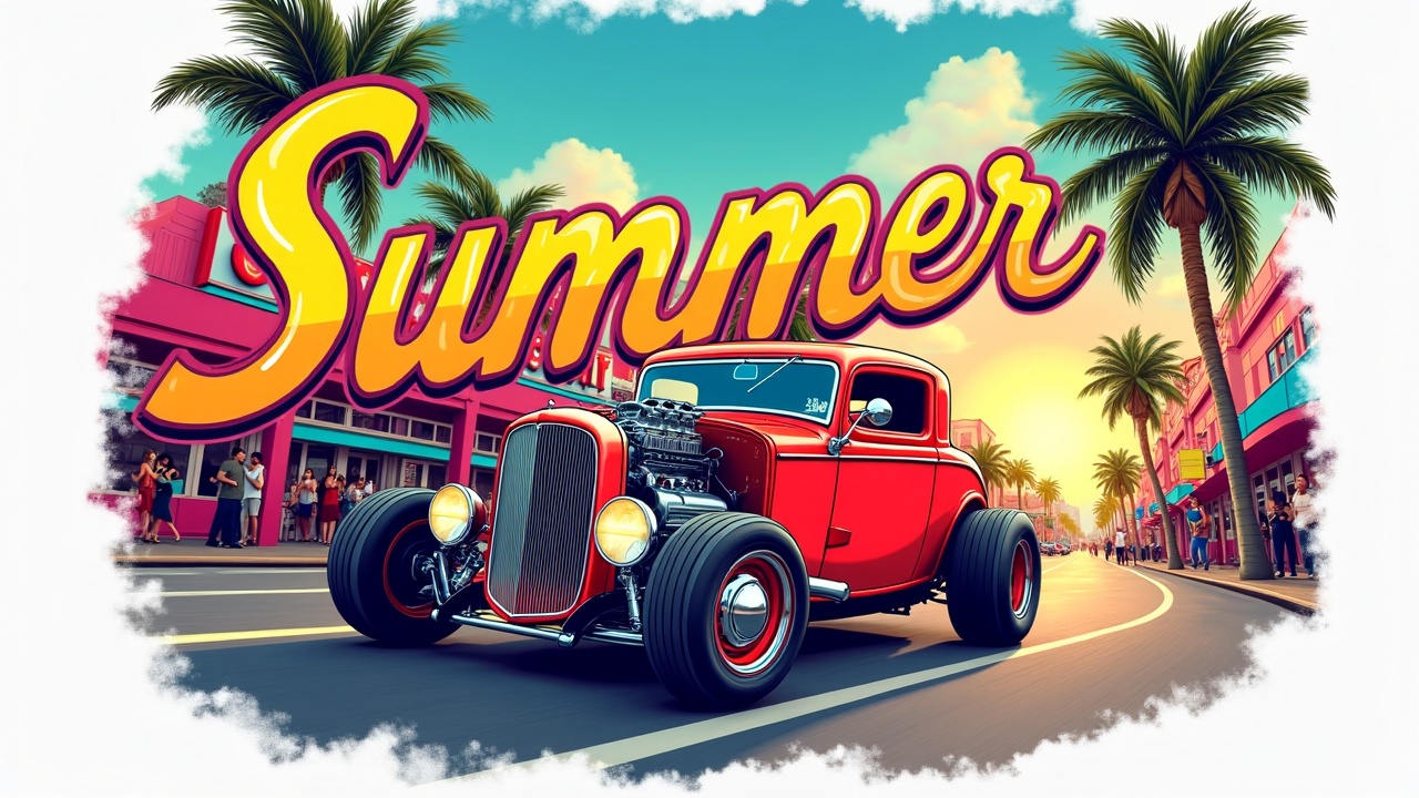 A vibrant retro scene featuring a classic red hot rod on a palm-lined street, with a colorful 'Summer' sign above.