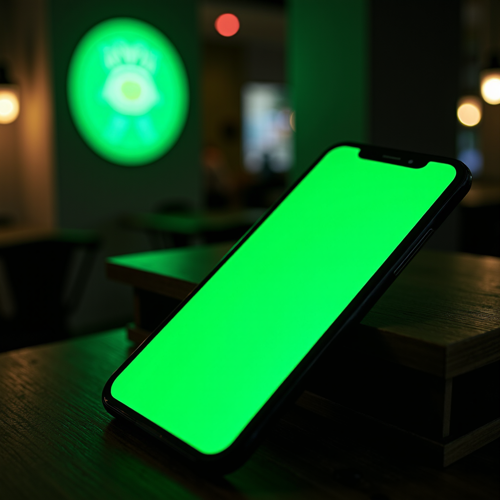 A smartphone with a bright green screen rests on a wooden surface, with a green eye symbol visible in the background.