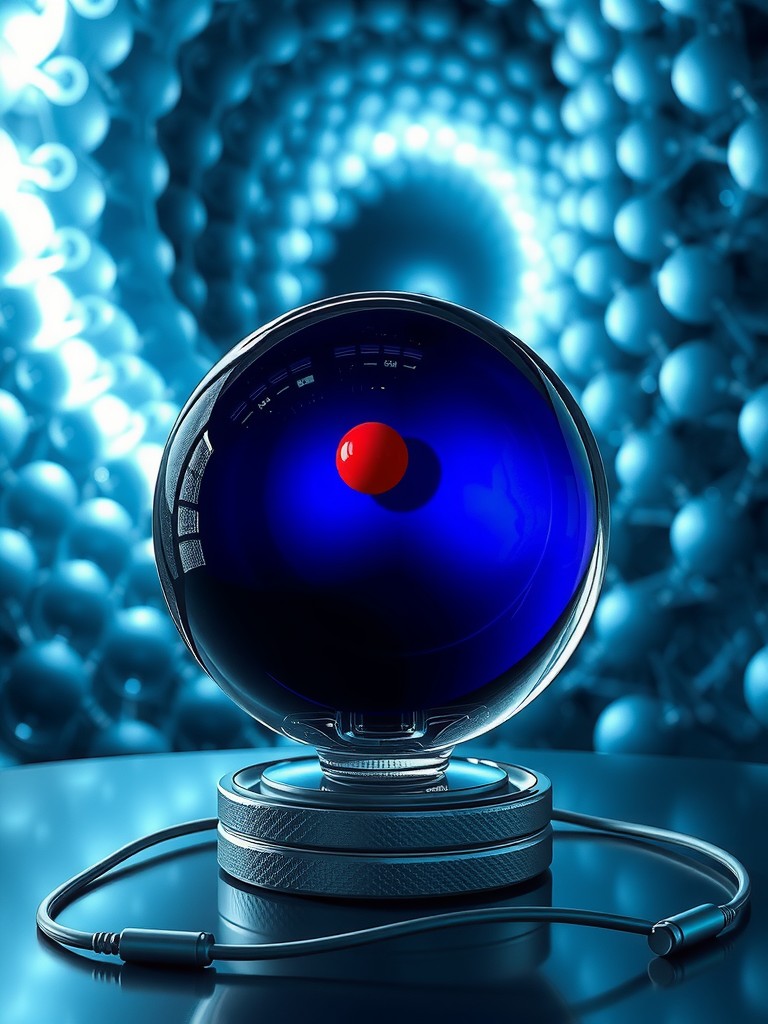 A futuristic globe with a red core, connected by a cable, surrounded by a tunnel of spheres.