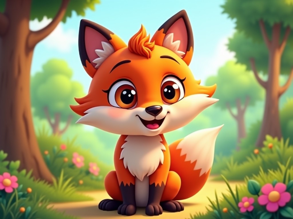 This image features a cartoon fox designed specifically for a children's cartoon. The fox has a bright orange fur coat with a fluffy white belly and a dynamic expression. It is sitting happily on a path surrounded by vibrant flowers and green trees, creating a cheerful woodland scene. The character is styled in a playful, inviting manner, making it appealing to children. The overall vibe is joyful and whimsical, ideal for engaging young audiences.