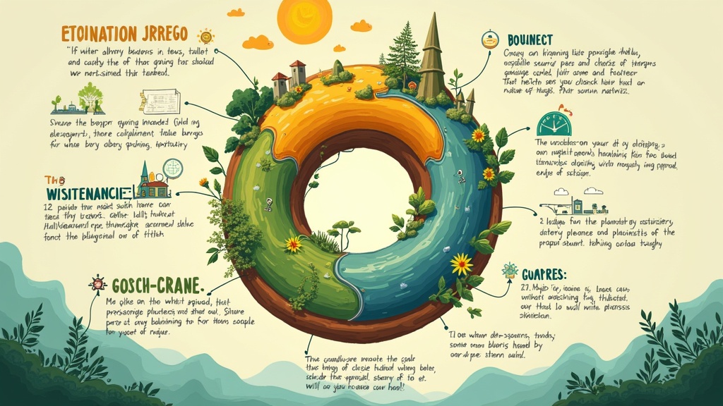 Infographic depicts Doughnut Economics in a vibrant Ghibli-inspired style. Features animated hand-drawn diagrams. Outer ring shows planetary boundaries; symbols represent nature, clean energy, biodiversity. Inner ring emphasizes human needs like education, health, equality. Soft textures create a warm color palette of greens, blues, and golds. Design is futuristic, integrated with nature, evoking positive feelings. Shapes are organic and compositions flow seamlessly.