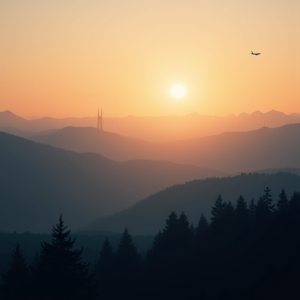 A serene sunset over undulating mountain ranges, silhouetted in shades of blue and orange, with a distant plane and tall radio tower in the composition.