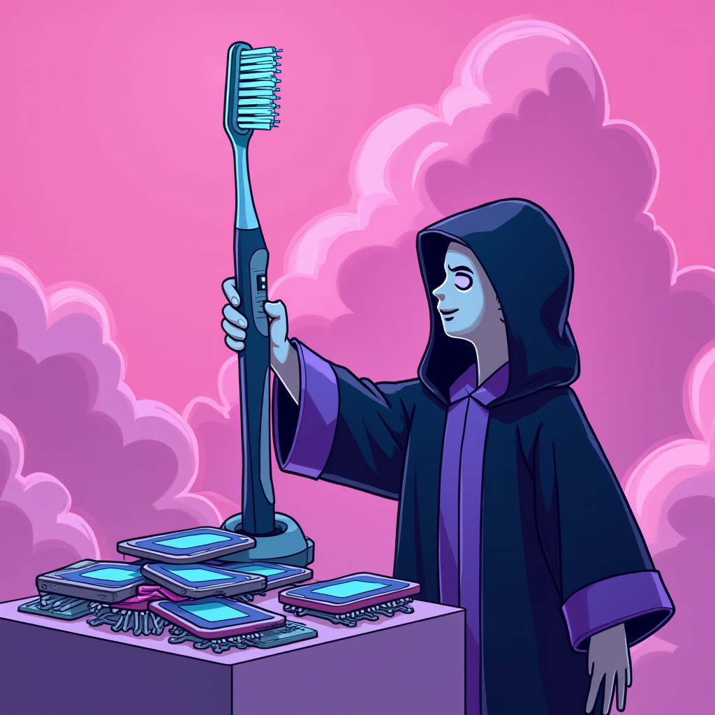 A mysterious hooded figure holding a giant toothbrush stands next to a table stacked with electronic devices against a backdrop of pink clouds.