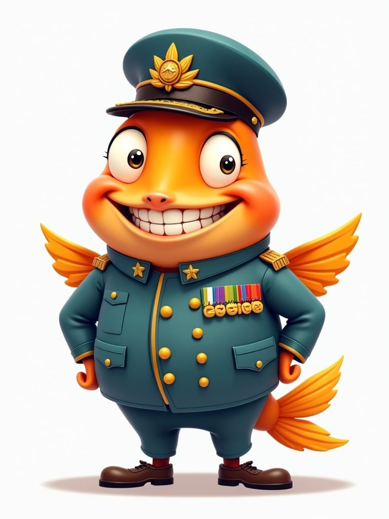 A cartoon large male fish character wearing a military uniform. Dopey expression. Standing relaxed with hands resting behind his head. Bright color palette and playful design elements. Suitable for children’s media.