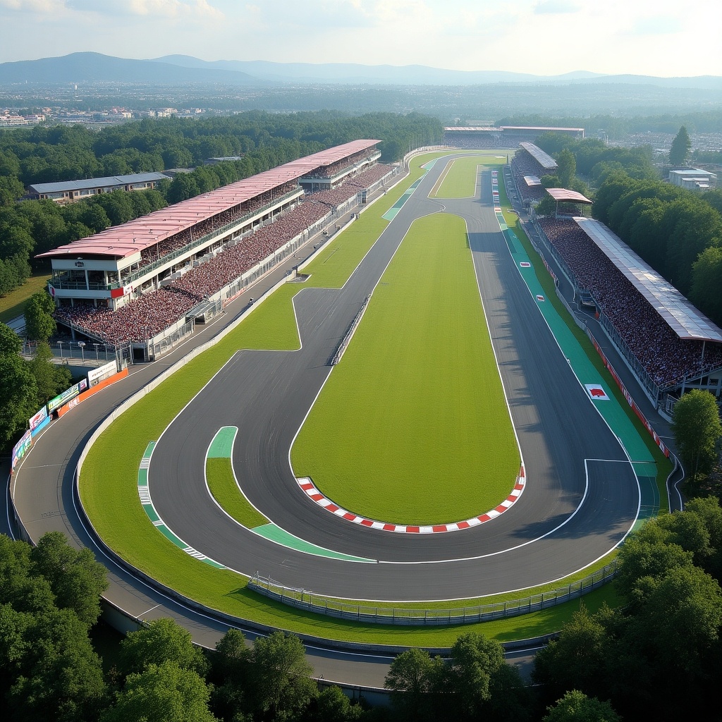 A race track with three straights including a 2km main straight, a 1km second straight, a 0.5km curved straight and has 18 corners. The track is oriented anti-clockwise.