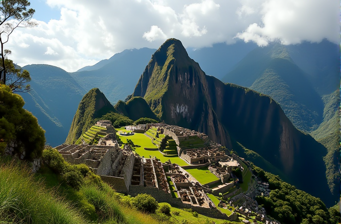 A breathtaking view of the ancient Incan city of Machu Picchu, surrounded by lush green mountains and partly covered with clouds.