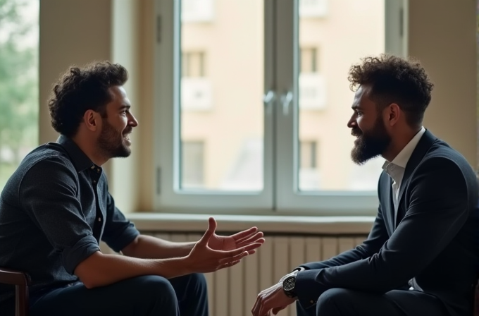 Two men sit facing each other, engaging in a conversation near a window.