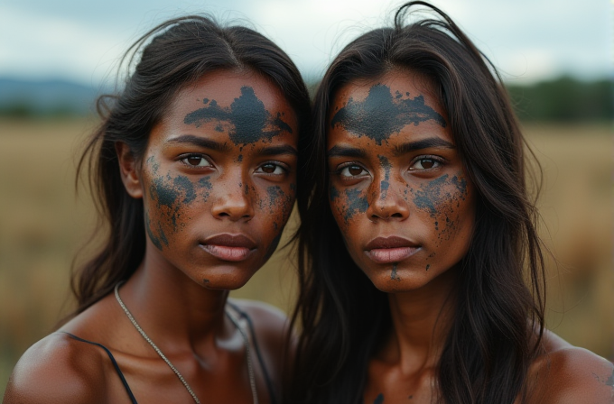 Two people with dark paint on their faces stand close together in an outdoor setting.