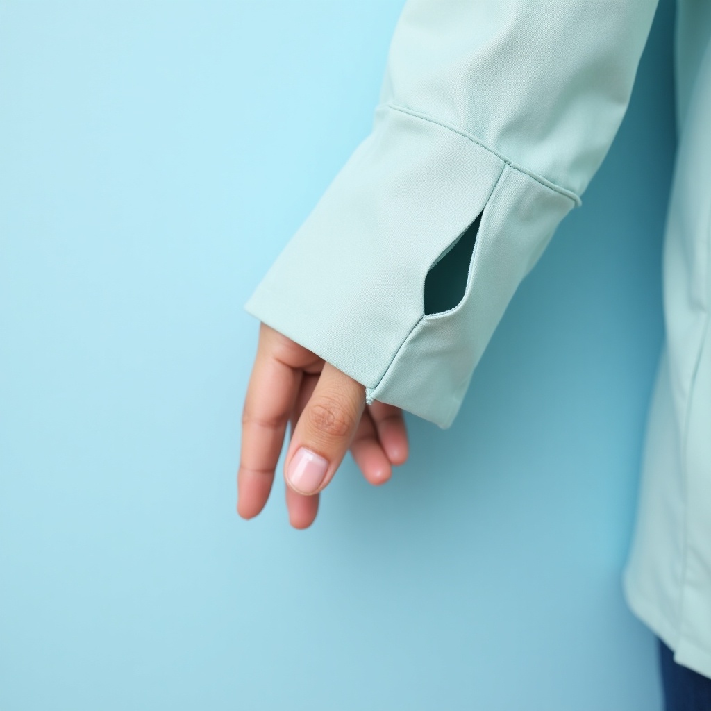 This image features a close-up view of a light blue sleeve with a small cutout. A fingertip is peeking through the opening, showcasing the unique design element. The sleeve is part of a stylish outerwear piece, highlighting contemporary fashion trends. The background is a solid light blue, complementing the color of the sleeve. This image can be used for fashion retail or style guides, emphasizing attention to detail and modern aesthetics.