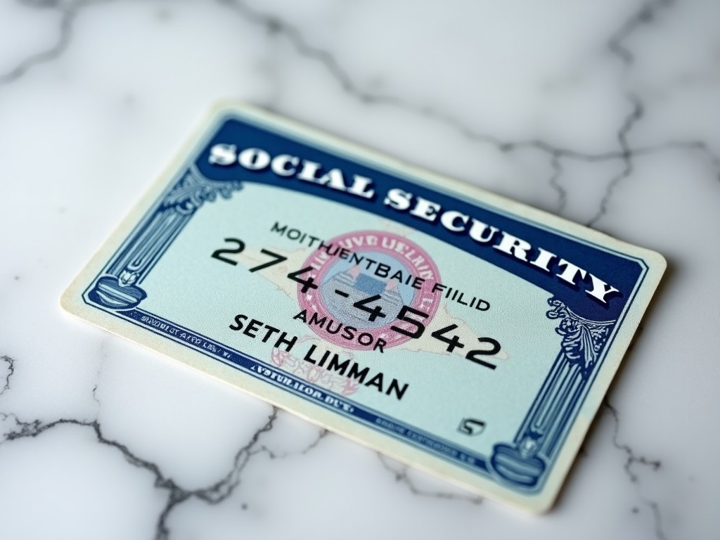 A close-up image of a generic social security card placed on a marble surface, emphasizing the texture of the card and background.