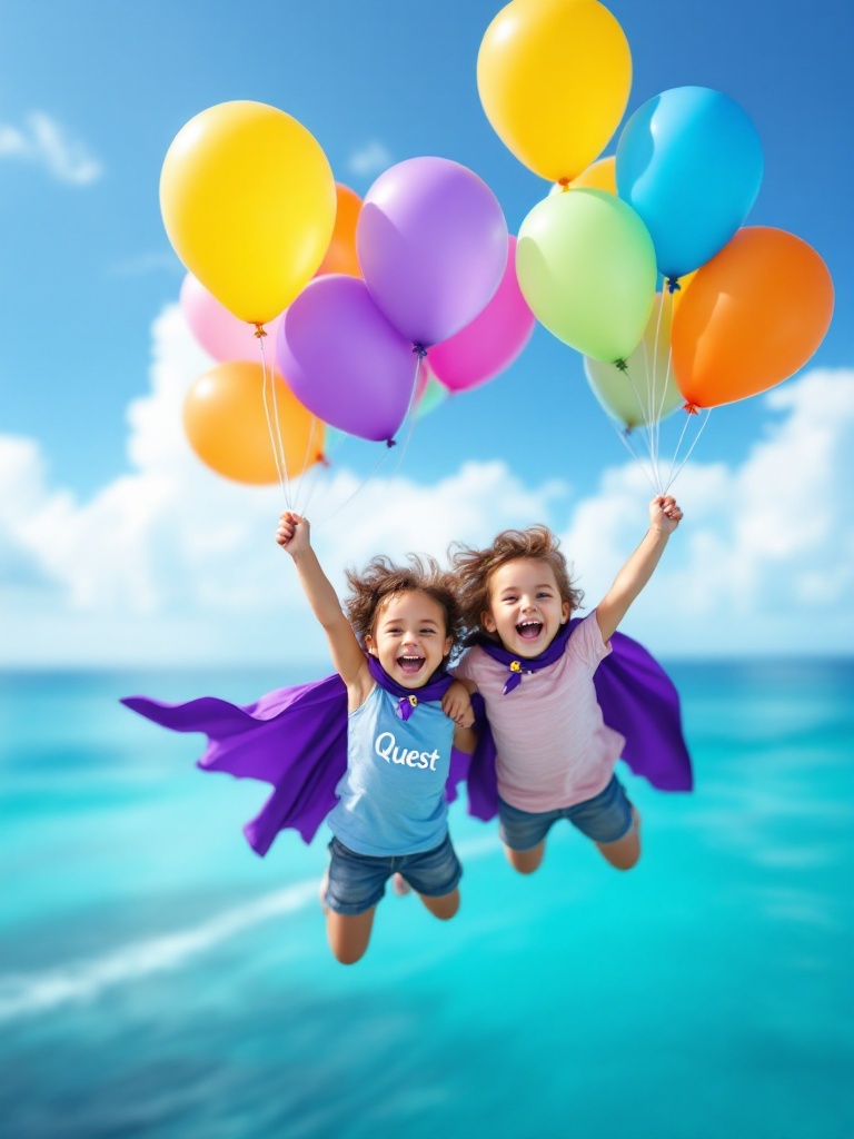 Two joyful children float with colorful balloons over the Caribbean Sea. They wear purple capes. One shirt has the word 'Quest'.