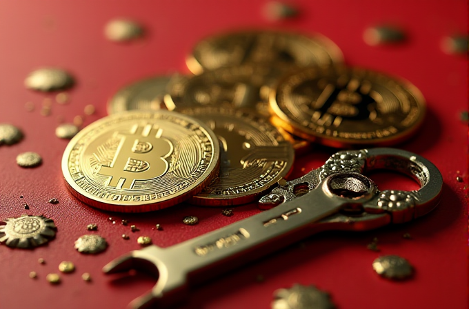 Golden Bitcoin coins and a key are arranged elegantly on a red background.