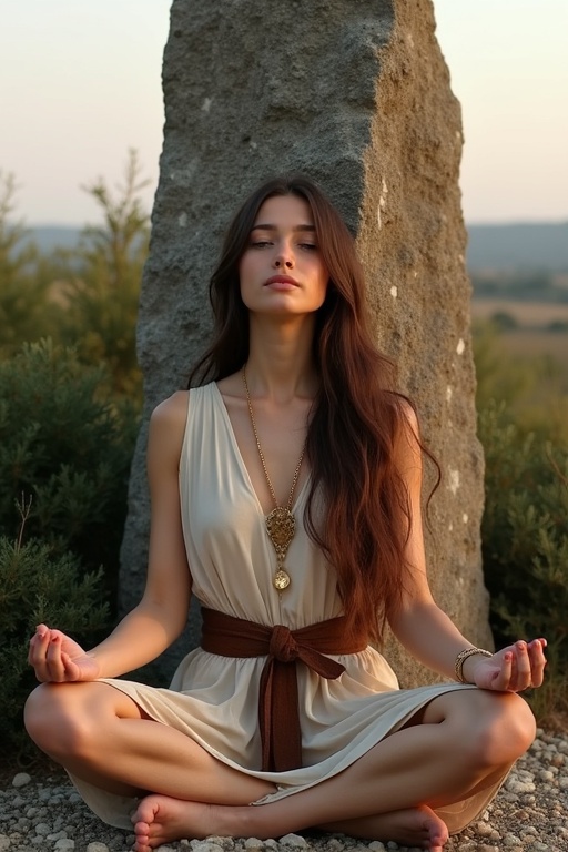 A young woman meditating cross-legged against a granite menhir. She wears a natural-colored frock with a leather belt and a golden medallion. The evening light creates a serene atmosphere. Dense shrubs surround her on stony ground with sparse wild herbs.