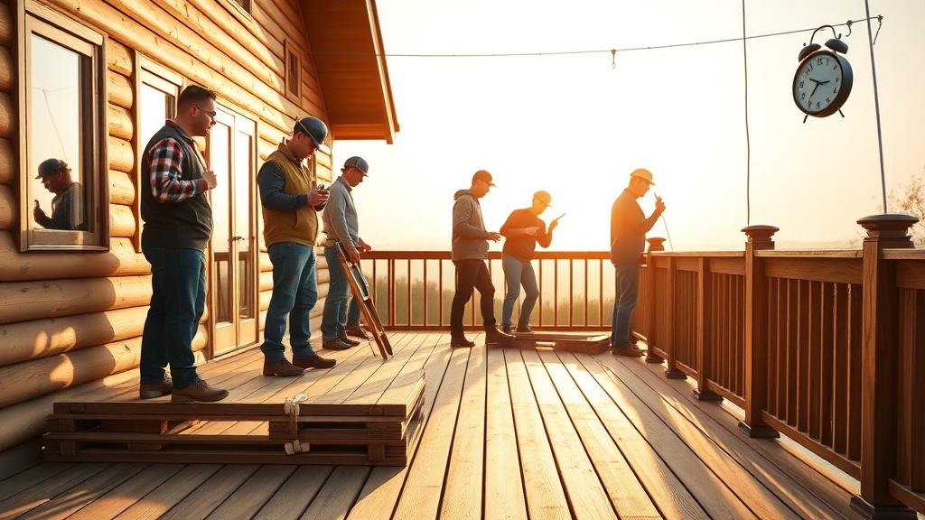 A group of construction workers stands on a deck, enjoying a break bathed in the warm glow of sunset. They lean casually against the wooden railing, with tools at rest beside them. A large clock, hanging in the background, adds a symbolic touch of time and craftsmanship to the serene scene.