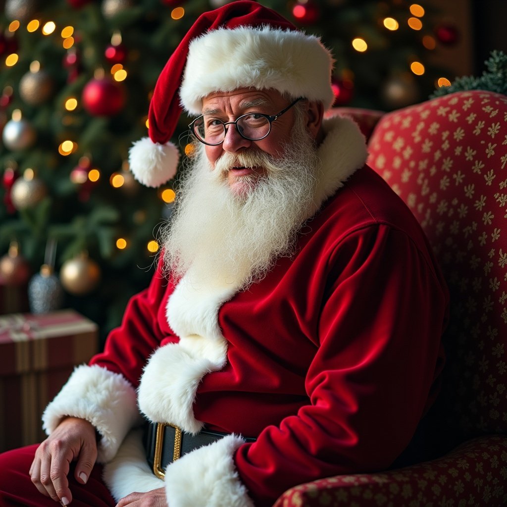 Santa Claus sitting in a plush chair, wearing a red suit with white trim, surrounded by Christmas decorations. Warm ambiance with twinkling lights in the background.