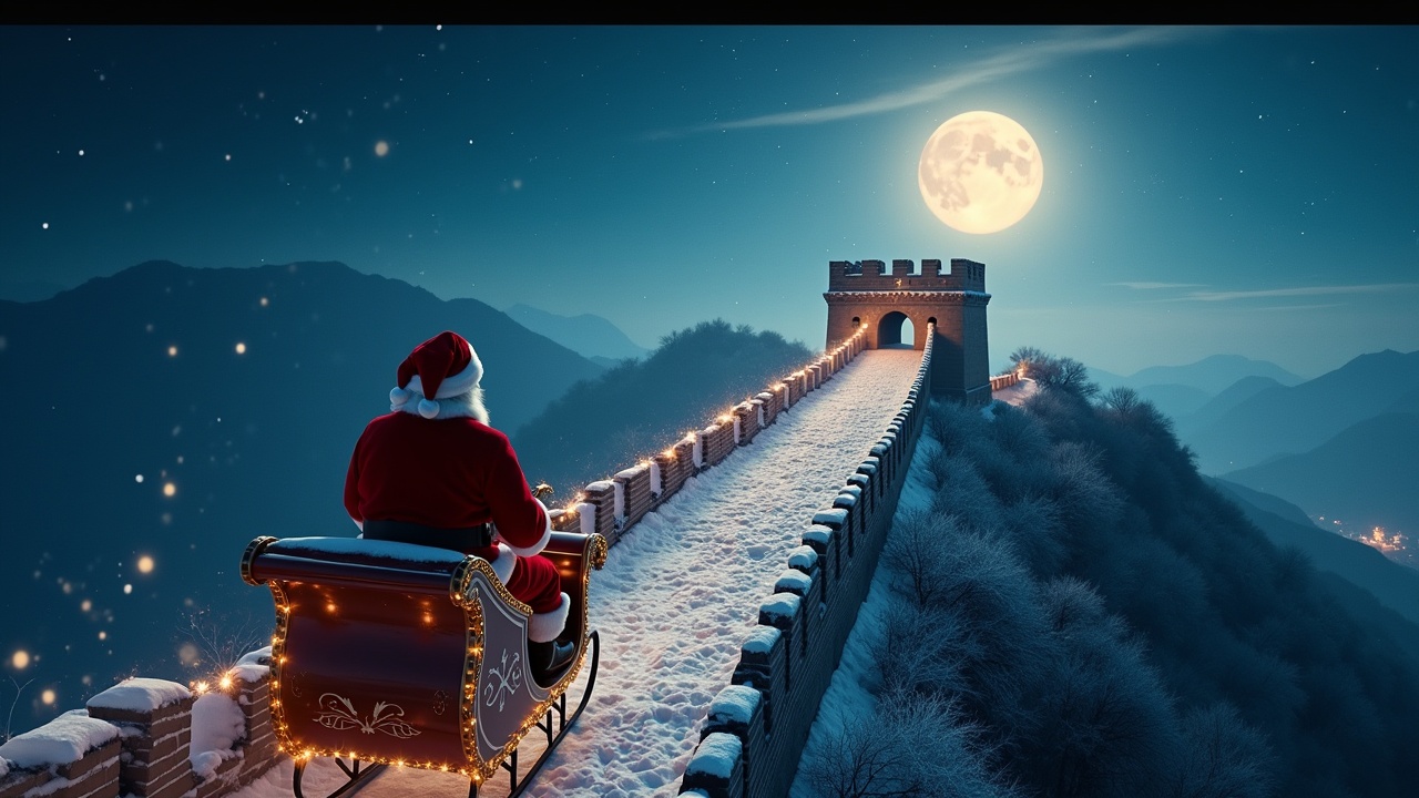 A magical atmosphere depicted in an aerial shot. Santa Claus flies on his sleigh towards the camera. Sleigh leaves a trail of sparkles over the Great Wall of China. The scene is set in winter at night with a bright moon. Shot on Arriflex Alexa with ultrarealistic details.