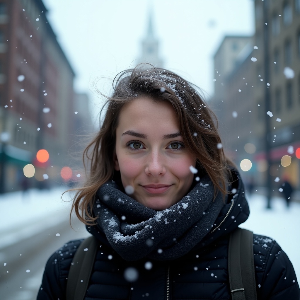 Create a realistic image of a person standing in the city in cold weather. The face shows the severity of the cold. The setting includes snow and urban elements.