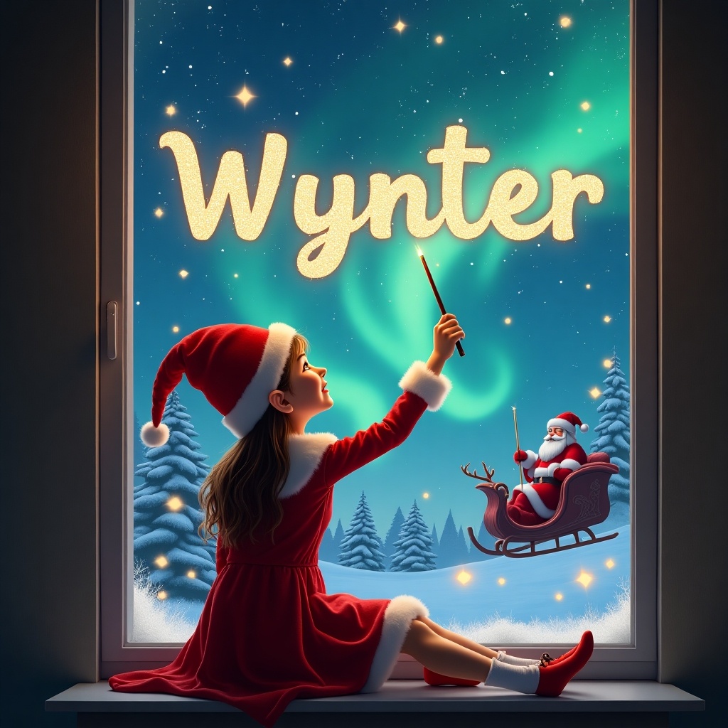 The image features a girl elf sitting on a window ledge with her back to the viewer. She is facing the sky and using a wand to write the name 'Wynter' in shimmering letters. The background depicts a magical Christmas scene, complete with twinkling stars and colorful northern lights. In the background, Santa Claus can be seen in his sleigh, adding to the festive atmosphere. The elf is dressed in a classic red outfit and a pointed hat, emphasizing the holiday spirit.